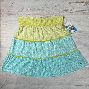 Roxy Bali Tiered Mini Skirt Size L Blue Yellow Smocked Waist Boho NWT